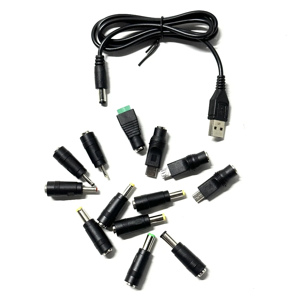 Universal USB to DC Power Cable Cord 5.5x2.1mm Jack With 13 Interchangeable Plug Adapter Micro USB Type-C