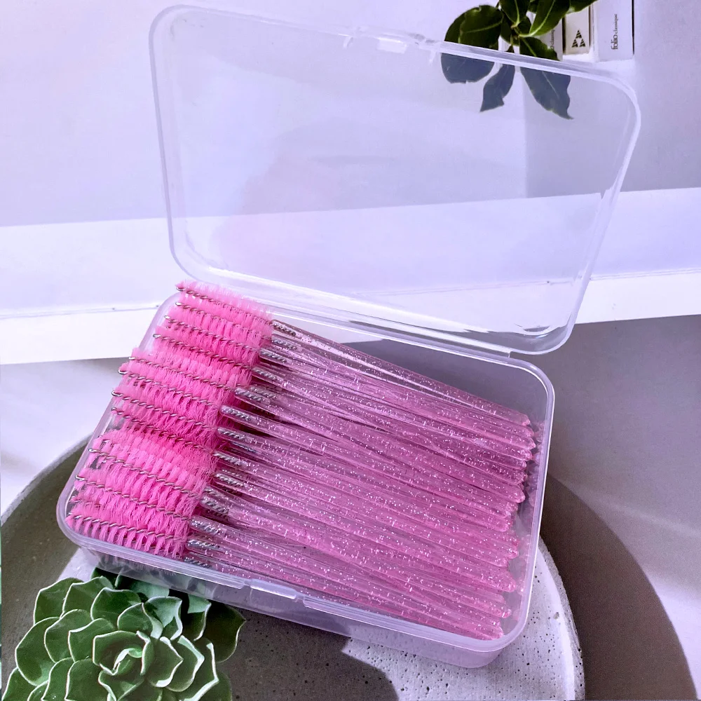 50 Uds cepillo de pestañas con caja mango de diamante de cristal aplicador de varita de rímel pinceles de maquillaje de cejas herramientas de extensión de pestañas