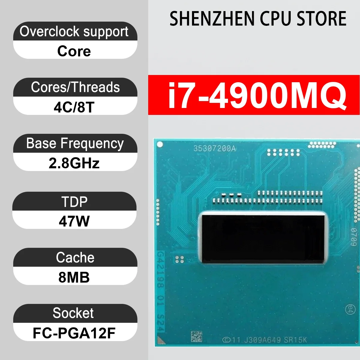 Intel Core i7-4900MQ 4 Core 8 Thread 2.80GHz 47W 8MB Cache 22nm FC-PGA12F  SR15K DDR3L-1600 MHz Haswell HD Graphics 4000