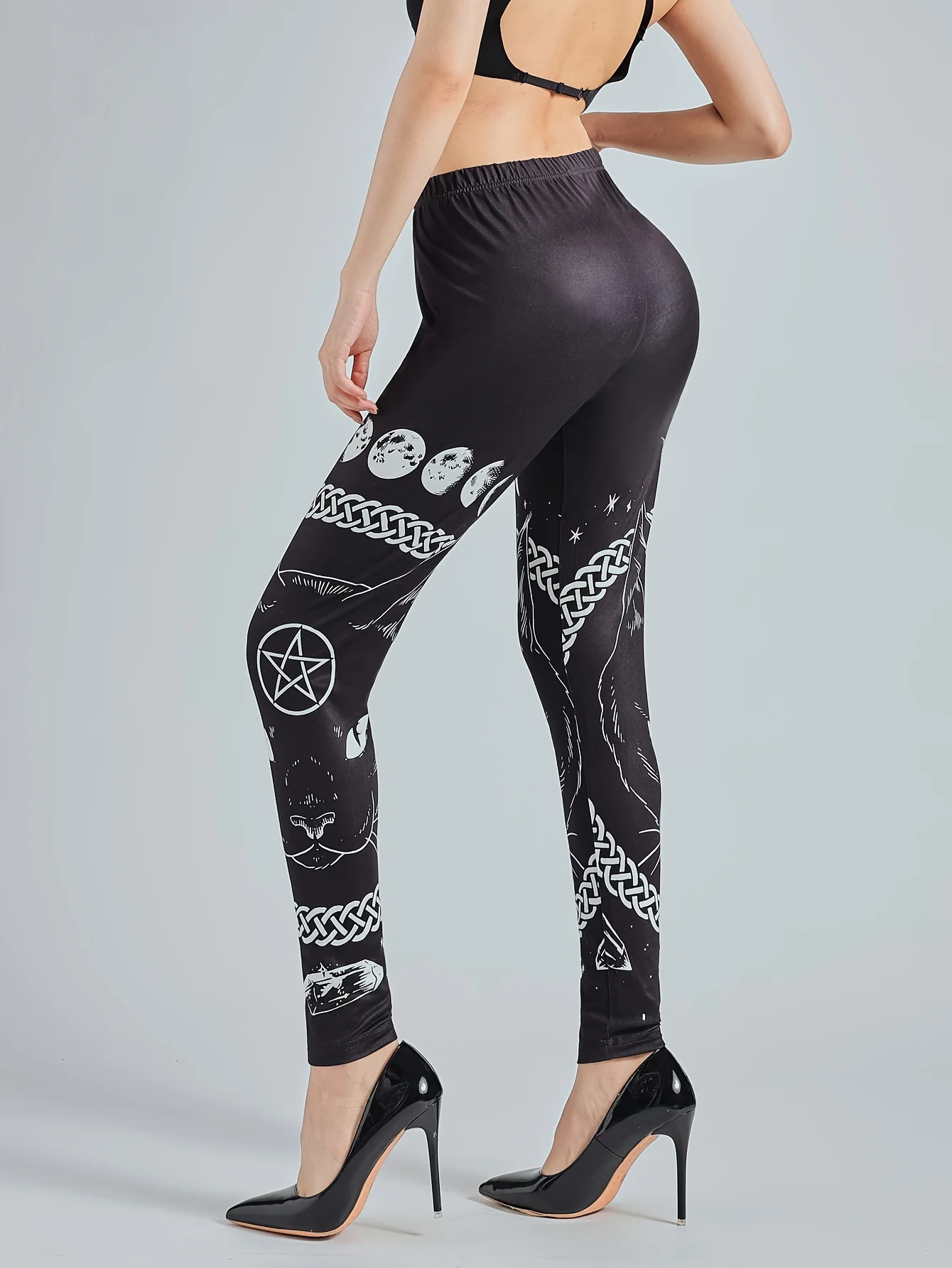 Women's Black Cat Printed Leggings High Waisted And High Elastic Leggings Casual Pencil Pants Tight Pants