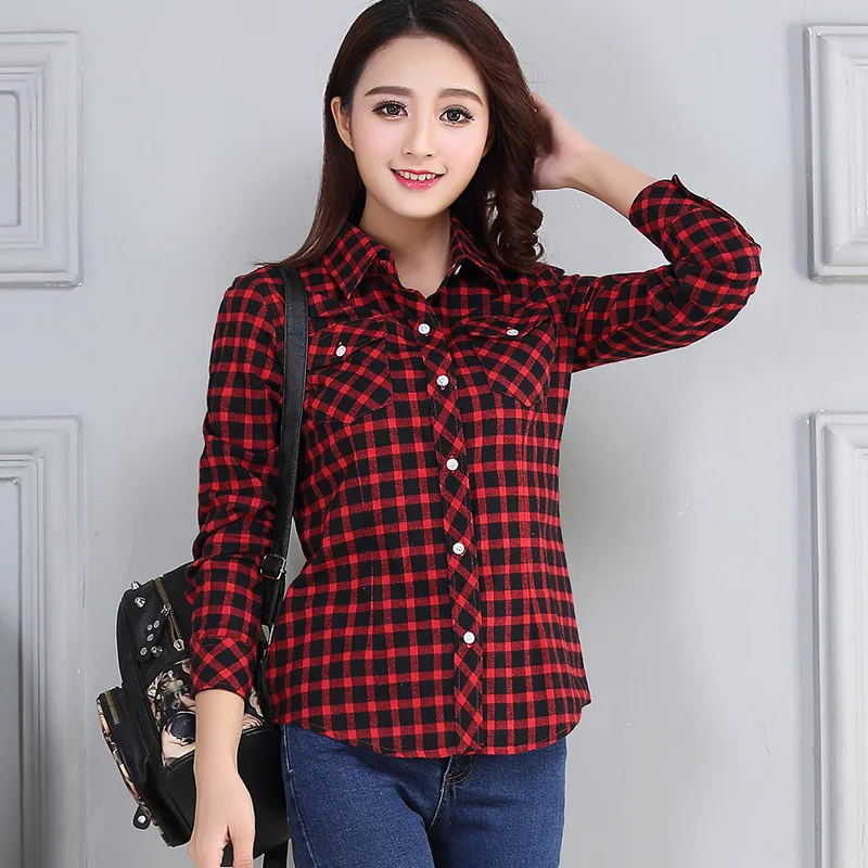 Women\'s Plaid Shirts 2023 Autumn New Ladies Casual Long Sleeve Pocket Cotton Shirt Fine Elegant Lady Checked Tops Clothes