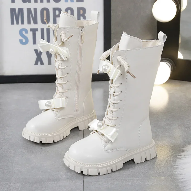 Trendy Brand Girls Fashion Boots Stylish Long Boots with Bows and Pearls Princess Runway Boots Kids Casual Flat Non-slip Shoes