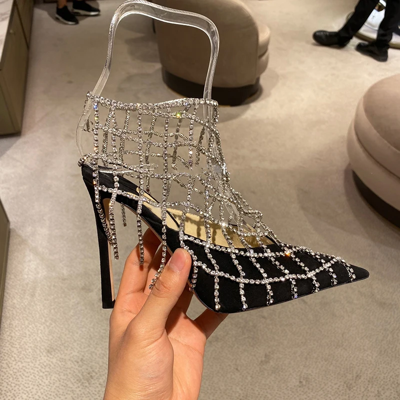 

New Net Rhinestone Tassel Slingback Sandals Grid Chains Crystal Covered Stiletto Heel Ladies Summer Banquet Bling Fringe Shoes