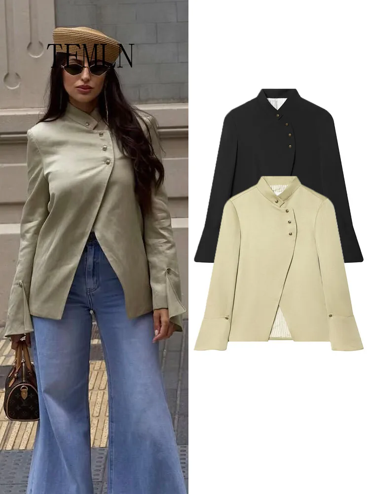 2026 New Women Unique Side Button Blazer Jacket Chic Stand Collar Ruffle Flare Full Sleeve Asymmetrical Causal Coat Lady Outwear