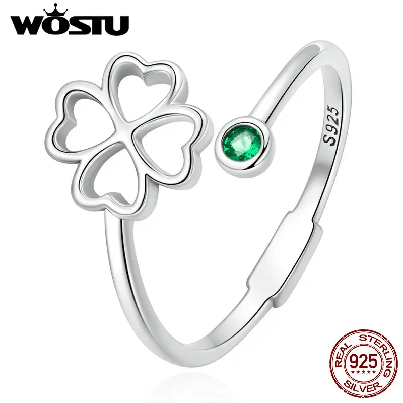 WOSTU 100% 925 Sterling Silver Simple Clover Open Ring Trendy Plant Adjustable Silver Ring For Women Fine All-match Jewelry Gift