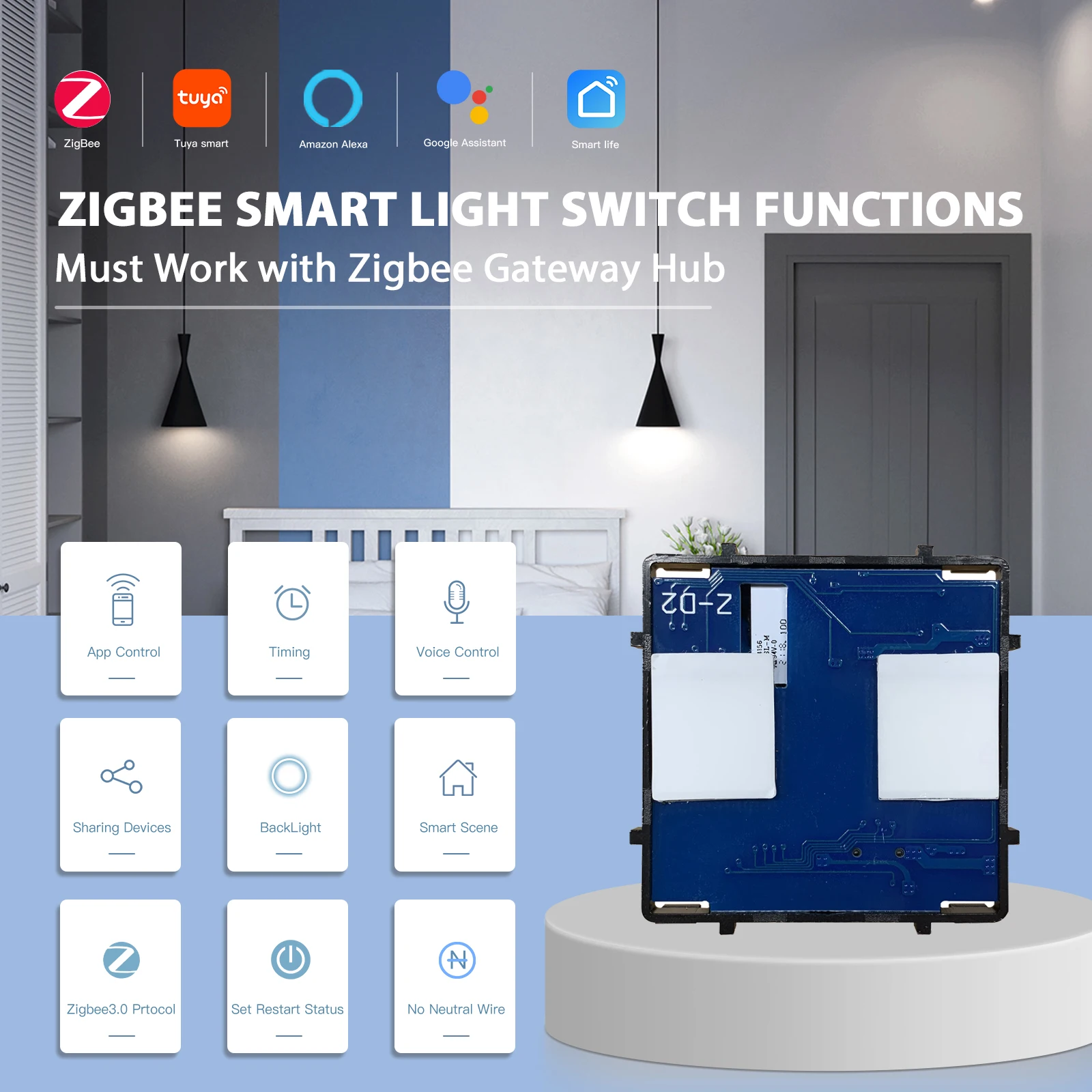 BSEED Zigbee Smart Switch 1/2/3Gang Touch Light Switch Function Part Smart Home Tuya Alexa Control Without Glass Panel