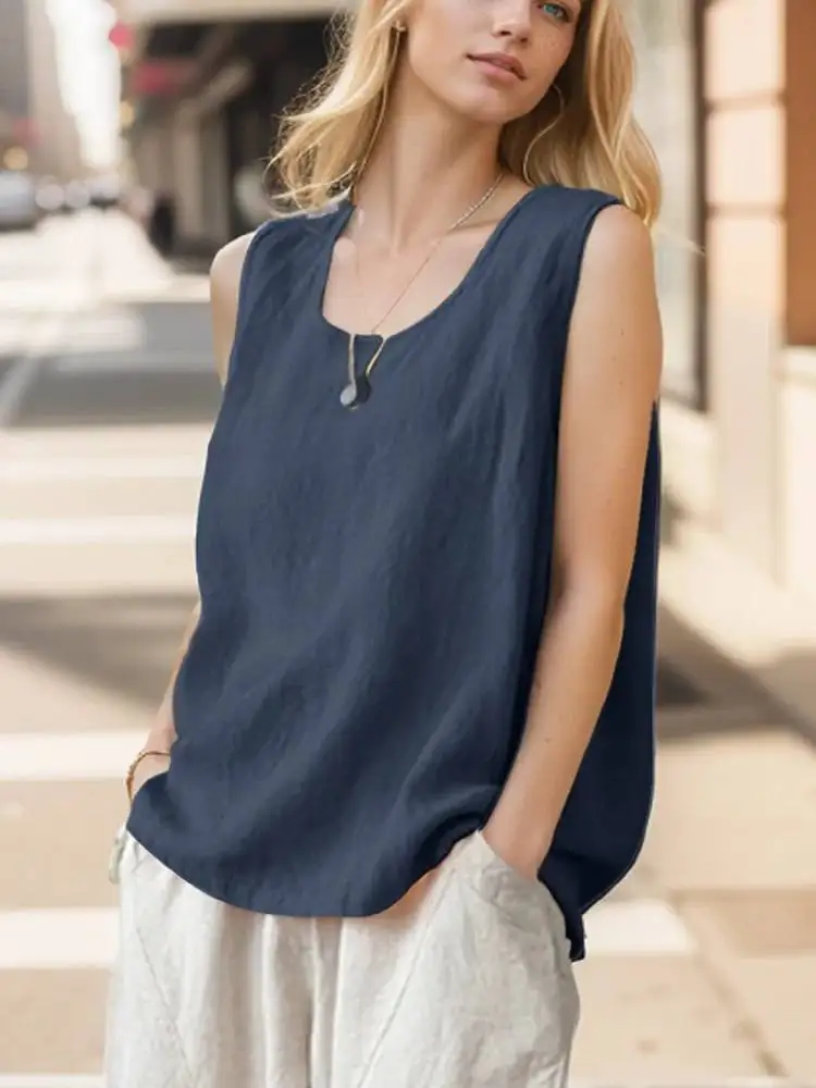 

2025 ZANZEA Summer Tanks Tops Women Fashion Sleeveless O Neck Blouse Elegant Solid OL Work Shirt Beach Vest Tunic Mujer Oversize