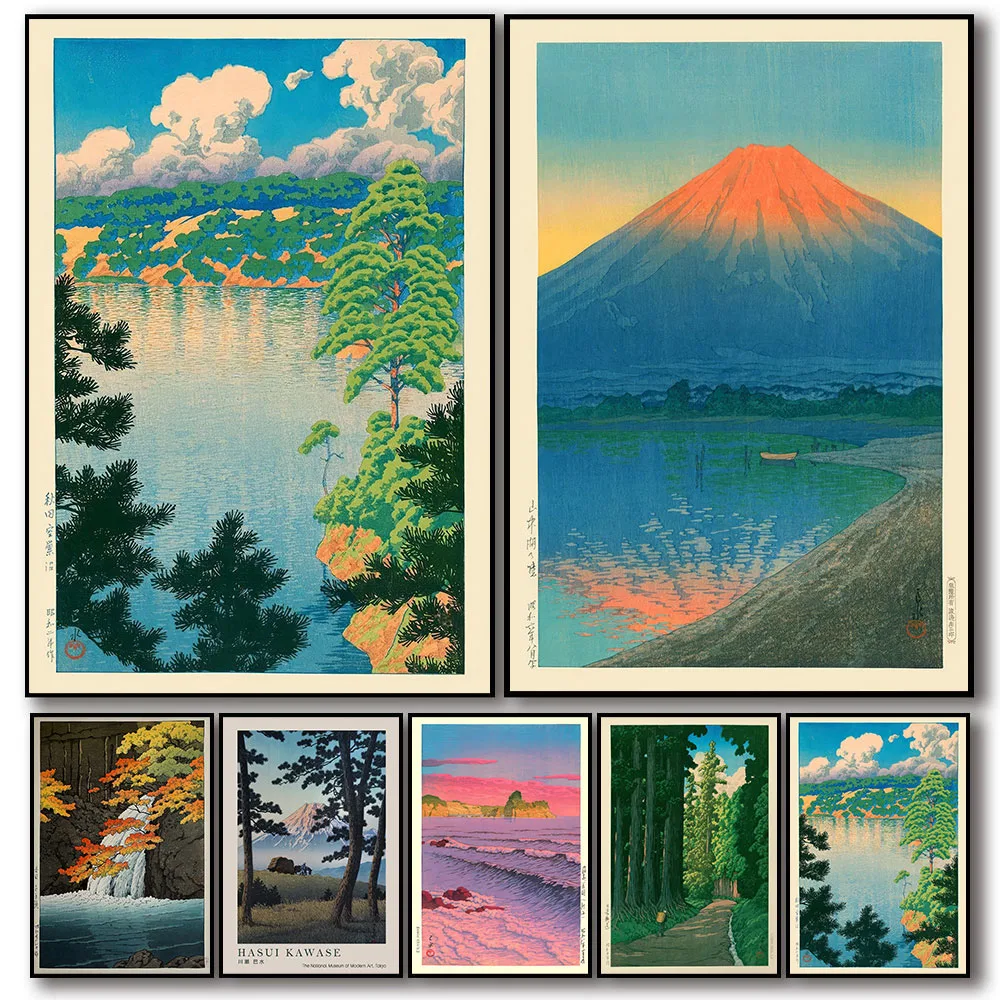 Image of Japan Hasui Kawase Baumgefütterte Straßen-Leinwanddrucke, asiatische Kunst, Sonnenaufgang und Sonnenuntergang, Wandkunst, Poster für moderne Wohnzimmer- und Heimdekoration