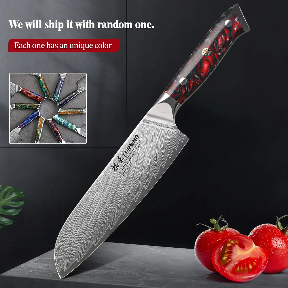 

TURWHO 7" Japanese Santoku Knife 67 Layers Damascus Steel VG10 Core Resin Handle Ultra Sharp Cleaver Meat Kitchen Chef Knives