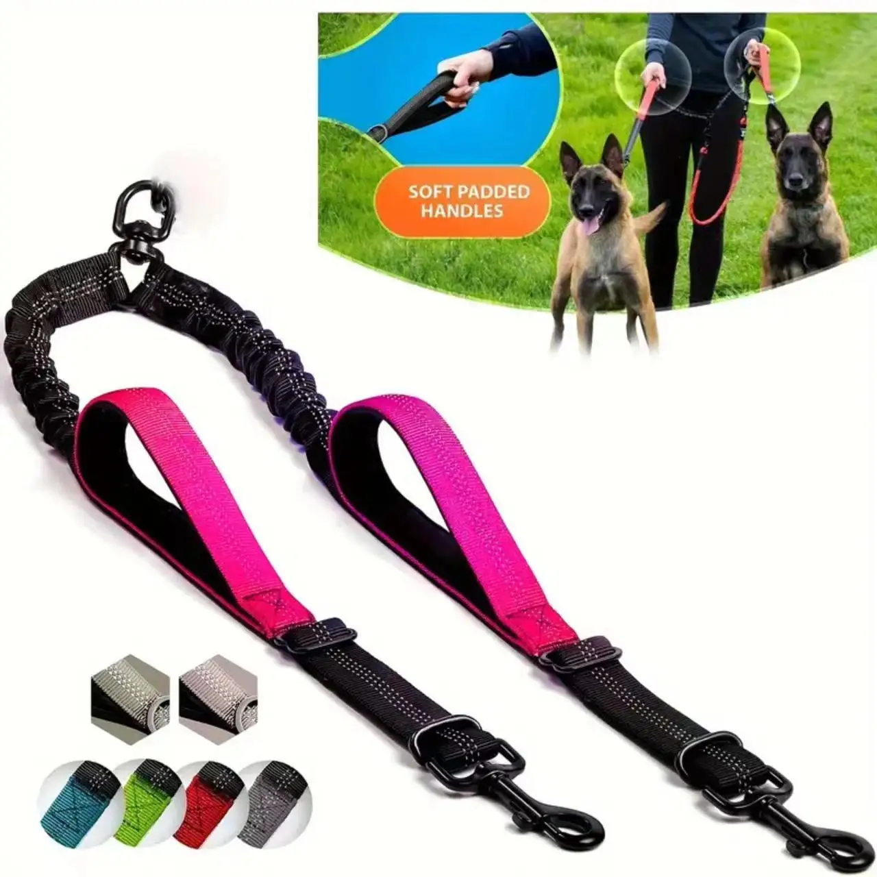 

Dual Dog Leash Coupler - Comfort Padded Handles, No-Tangle, No-Pull Bungee Leash - 360° Swivel, Reflective, Shock Absorbing - Pe