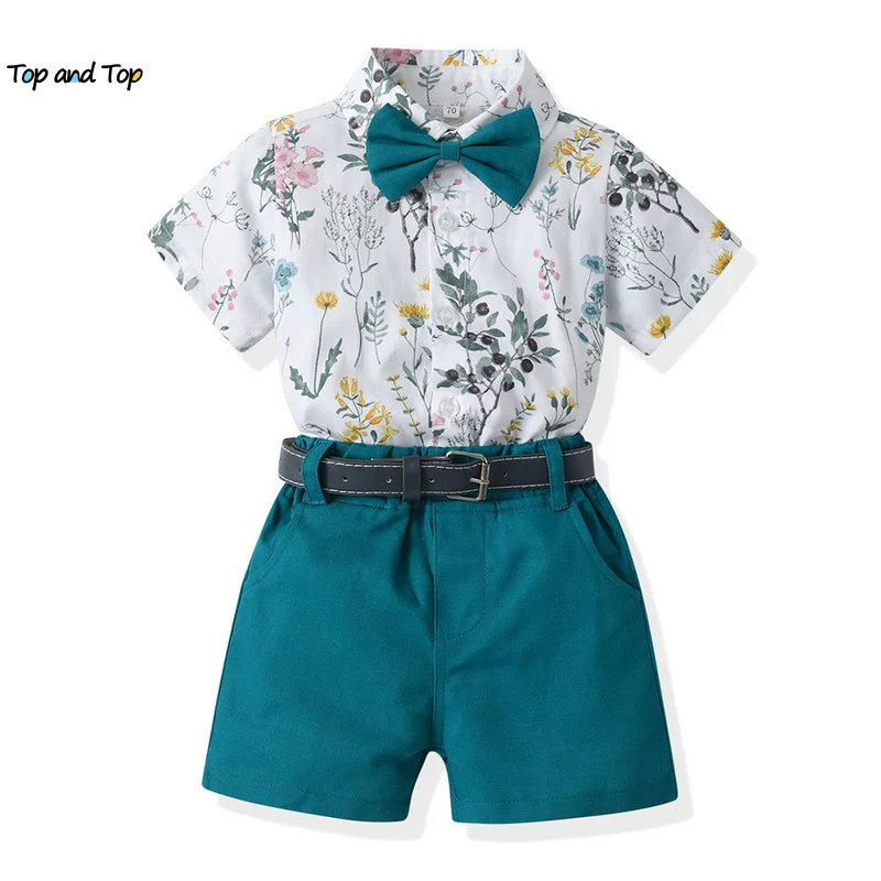 

top and top New Fashion Toddler Boys Gentleman Clothing Sets Short Sleeve Bowtie Shirts Tops+Shorts with Belt Children Suits