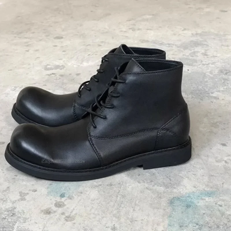

Black Cross Tied Cocked Toe Ankle Boots Fashionable Genuine Leather Men Shoes Retro Bristish Style Casual High Top Men Shoes
