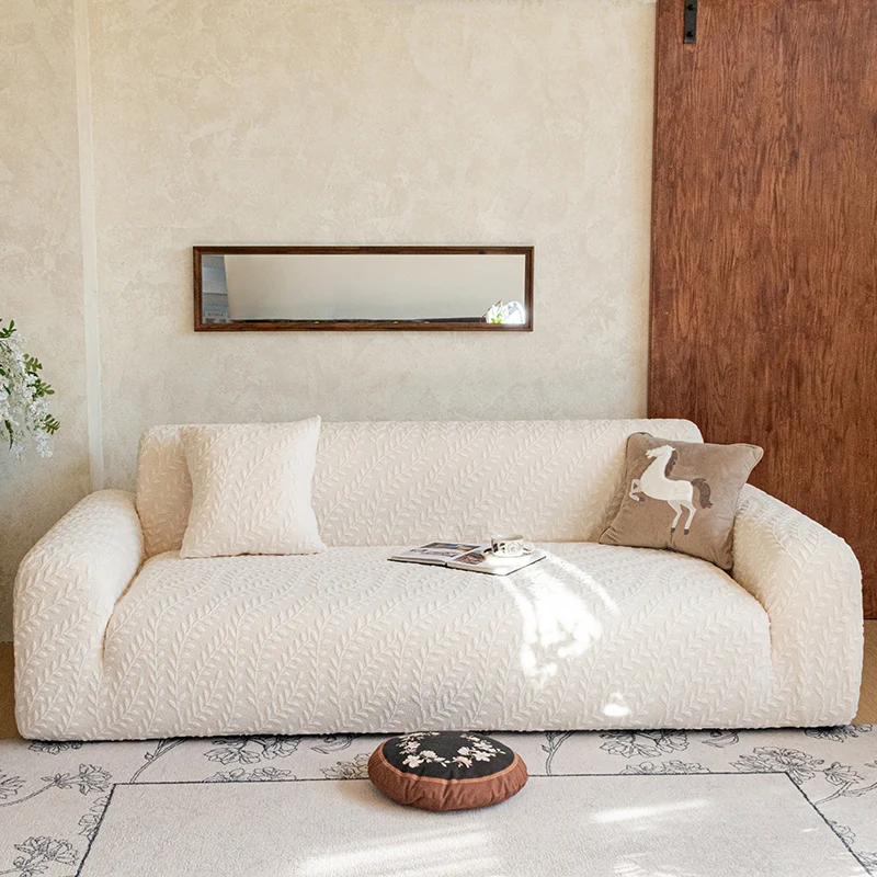 1pc Stretch Sofa Slipcover,Embossed Leaf‑Pattern Sofa Cover,Elastic Couch Protector,Soft Fabric,Machine‑Washable for Living Room