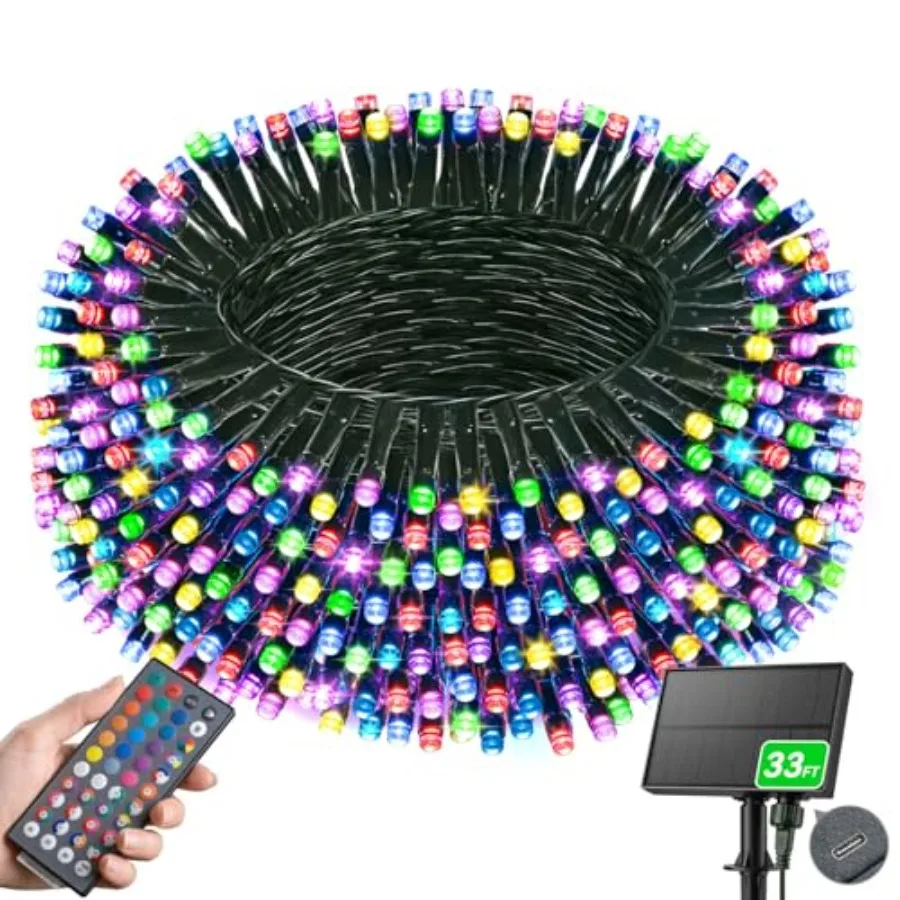 34 Colors Solar String Lights Outdoor with Remote, 33 Feet 100 LED Solar and USB Powered Christmas String Lights, Waterproof Co