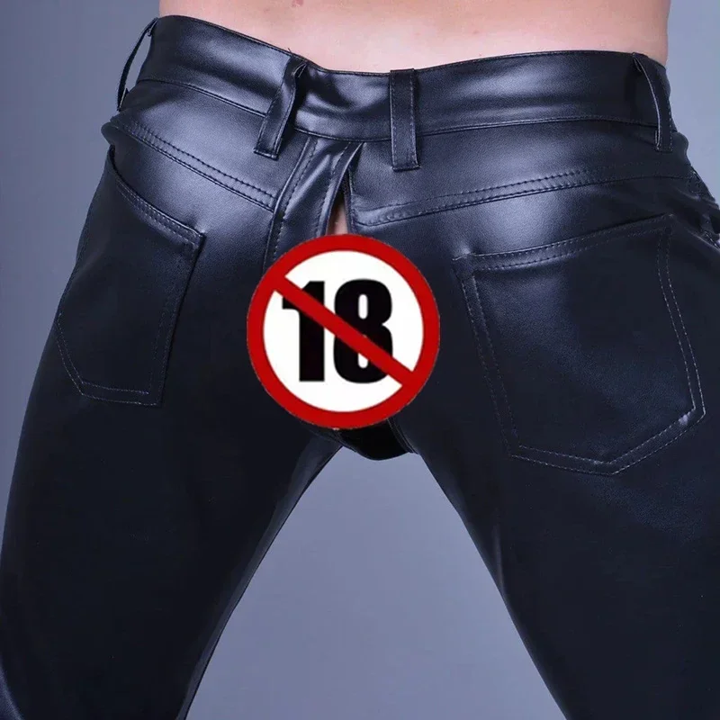 Men's Sexy Exotic Open Crotch Matte Leather Pants with Pocket Male Stretch PU Slim Trousers Motorcycle Pants Custom Clubwear New