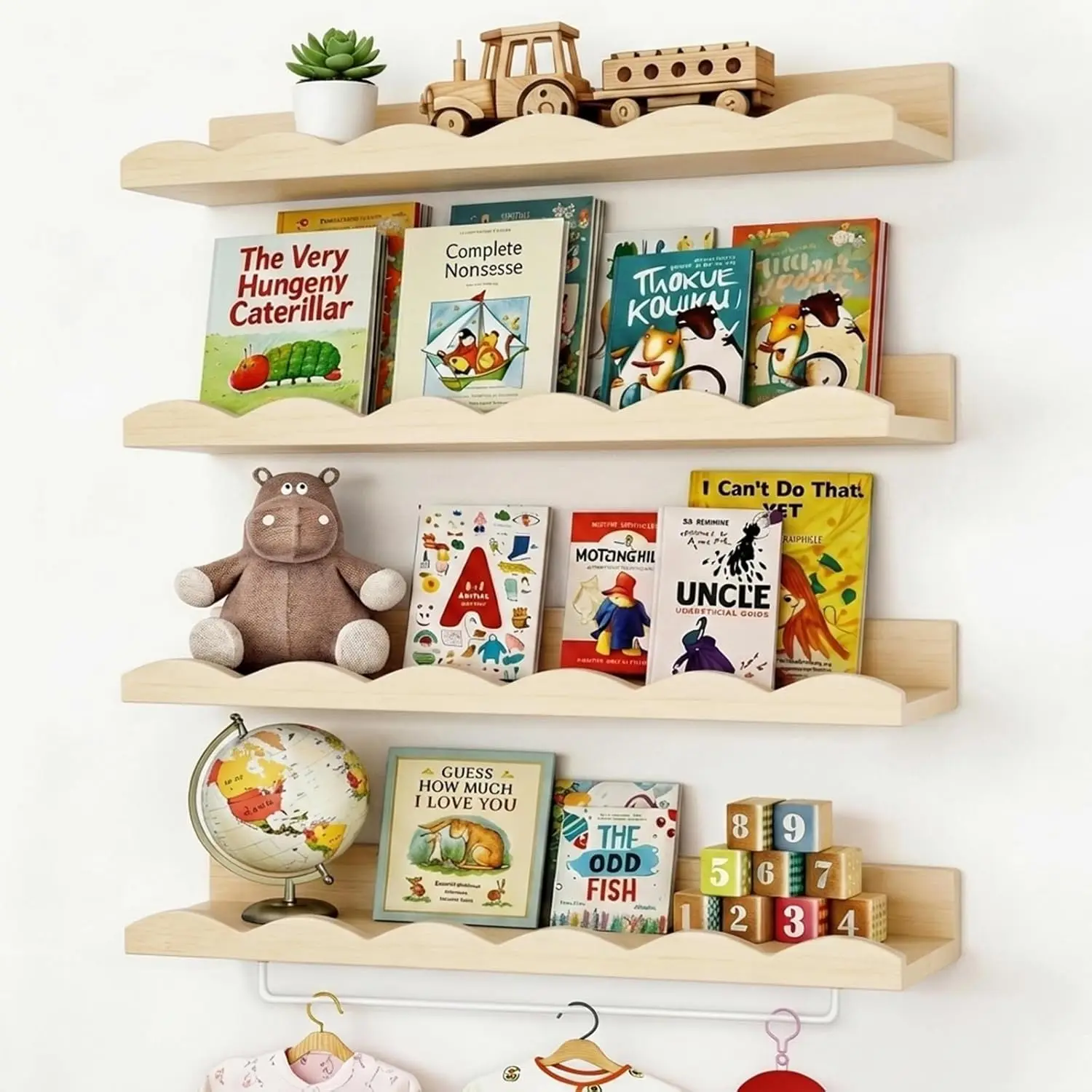 

Nursery Book Shelves, 16.5 Inch Floating Bookshelves for Wall Set of 4, Scalloped Wall Book Shelves with Towel Rack for