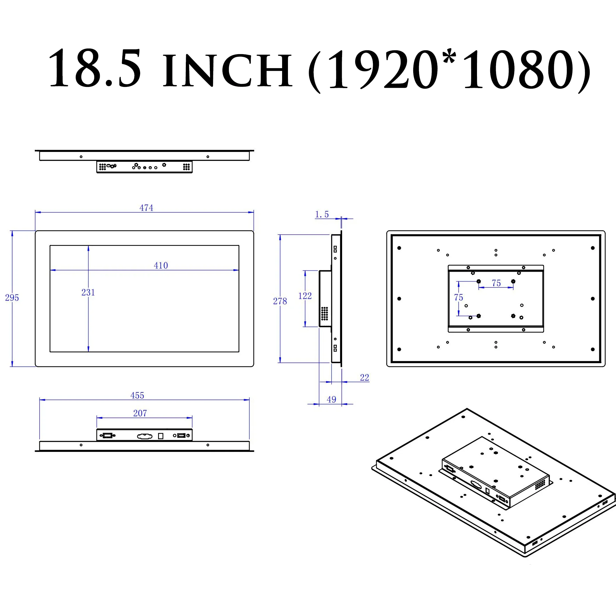 18.5 inch Touch Screen Monitor Metal Industrial Cabinet Resistive Touchscreen Monitor with VGA DVI HDMI AV TV BNC