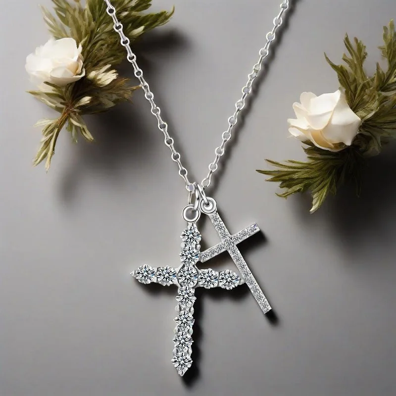 

Ослепительные ожерелья с подвеской из стерлингового серебра 925 пробы с двойным крестом и кристаллами кубического циркона для женщин, юбилейная вечеринка, модные ювелирные изделия, подарок