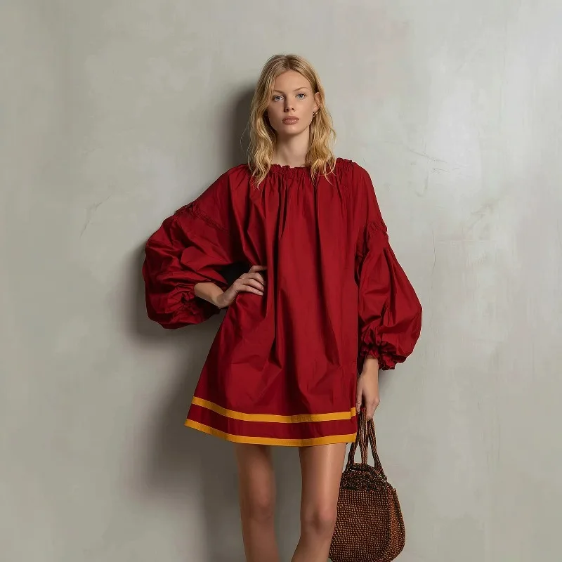 CEuropean American Style Loose Dress Women's Round Neck Puffed Sleeves Color-blocking Patchwork Short Vacation-style Baby Dress