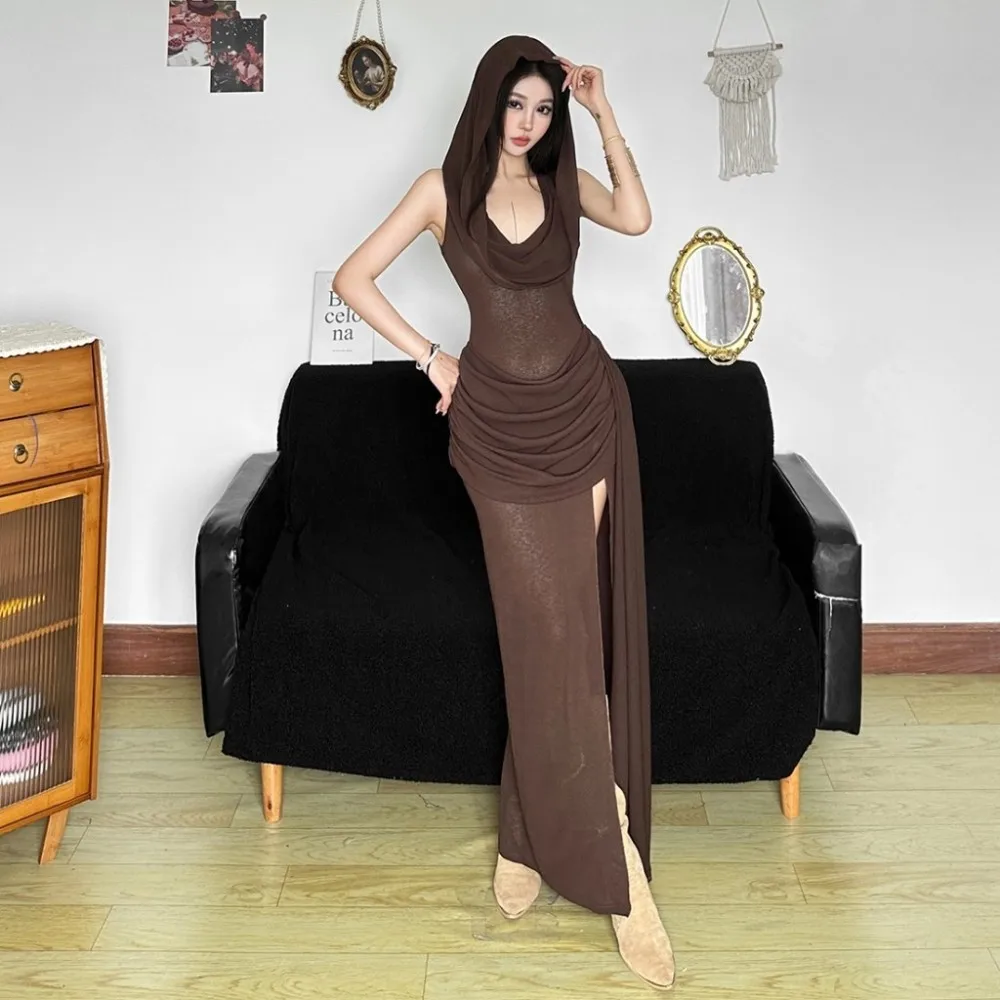 SylCue เซ็กซี่แฟชั่นแยกตาข่าย Patchwork Hooded ชุดผู้หญิงดูผ่าน Ruched Slim อเมริกันสไตล์วินเทจ Elegant ยาว Bodycon