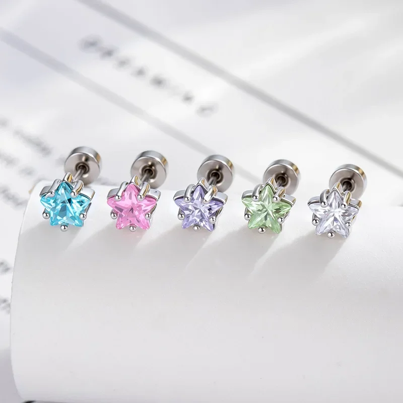 20G Floral Star CZ Ear Stud Hypoallergenic Titanium Cubic Zircon Stackable Earrings Piercing Jewelry for Women Girls Trendy