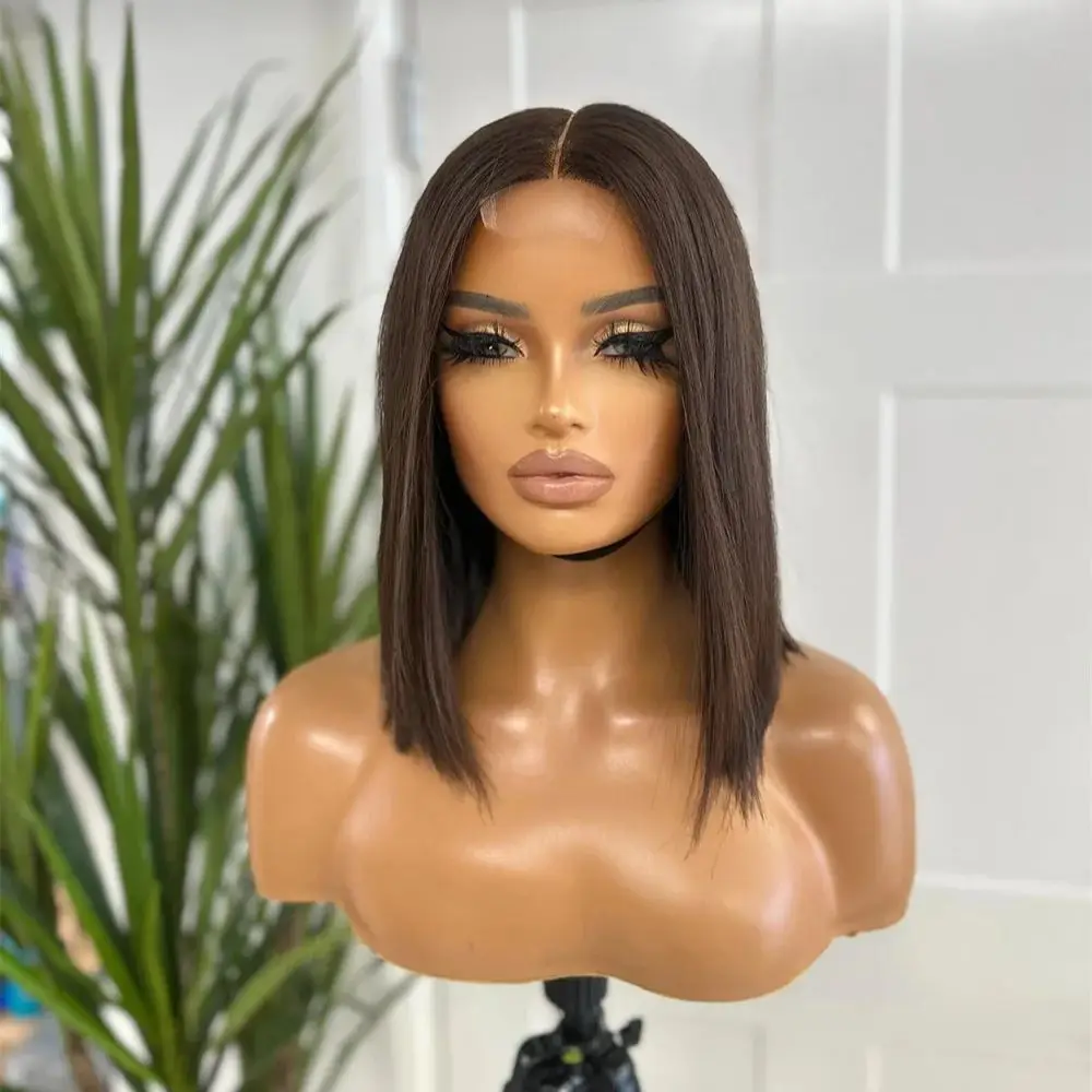 Short 16Inch Soft Dark Brown Silk Straight 5x5 Silk Base Jewish Human BabyHair HDLace European Hair Glueless Preplucked Daily