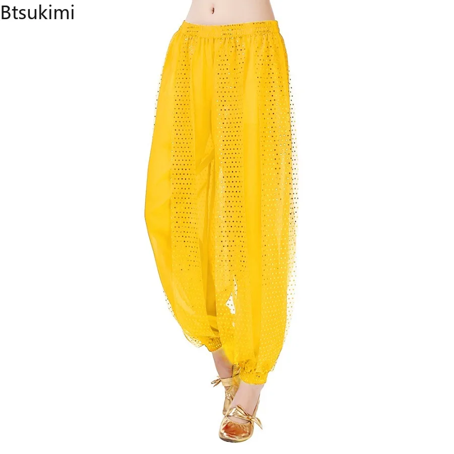 2025 New Indian Dance Pants Sequined Lantern Trousers Belly Dance Stage Performance Pants Fashionable Chiffon Jogger Dance Pants