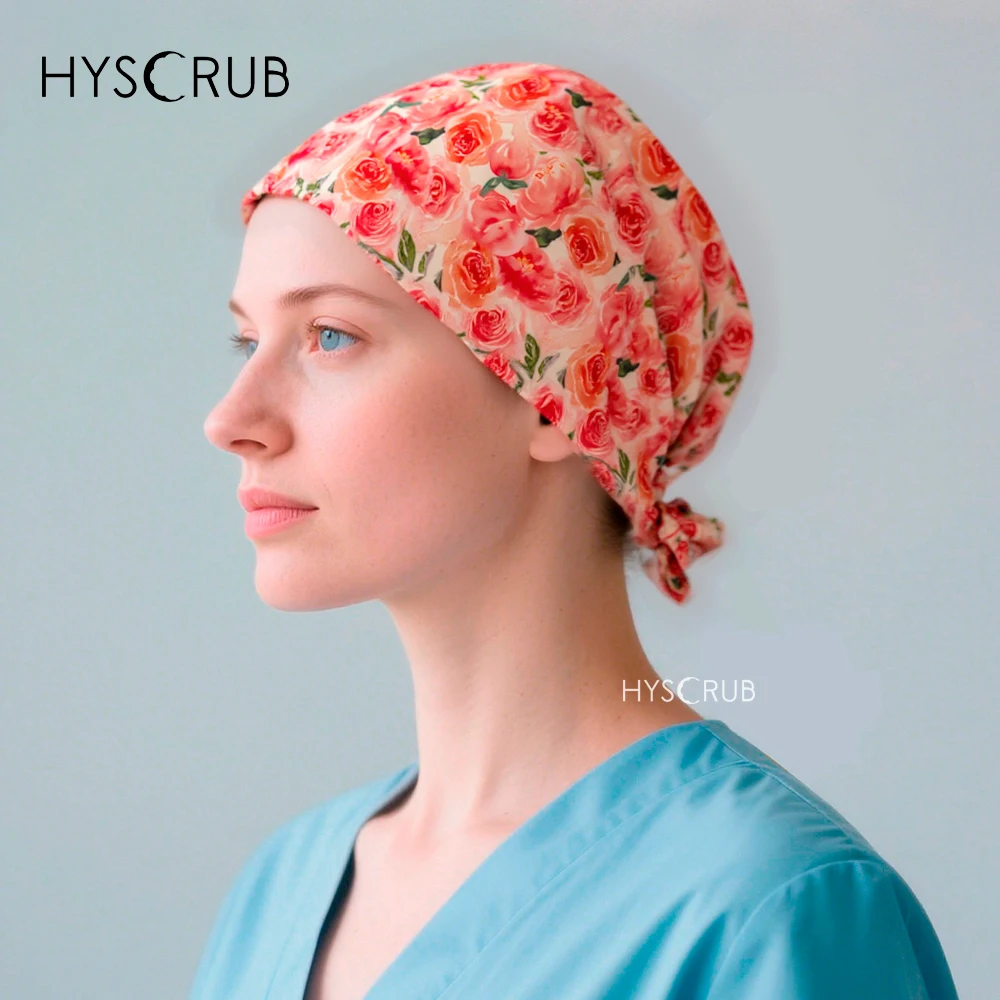 

Pink Rose Print Scrubs Cap Head Cover for Doctors And Nurses Workwear for Clinics And Hospitals Dust Cap