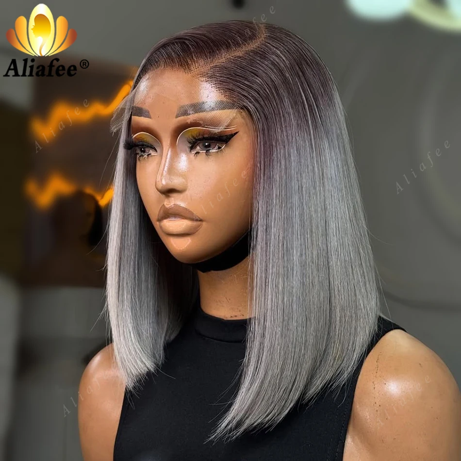 

Парик из натуральных волос с эффектом омбре: серебристо-серый с темными корнями, прямой боб, объемный, с прозрачной фронтальной частью 13x4, для модных образов