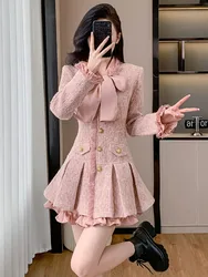 Light Luxury Small Fragrant V-neck Bow Tassel Tweed Dresses For Women French Gold Buckle Splicing Fake Two-piece Slim Fit Skirts