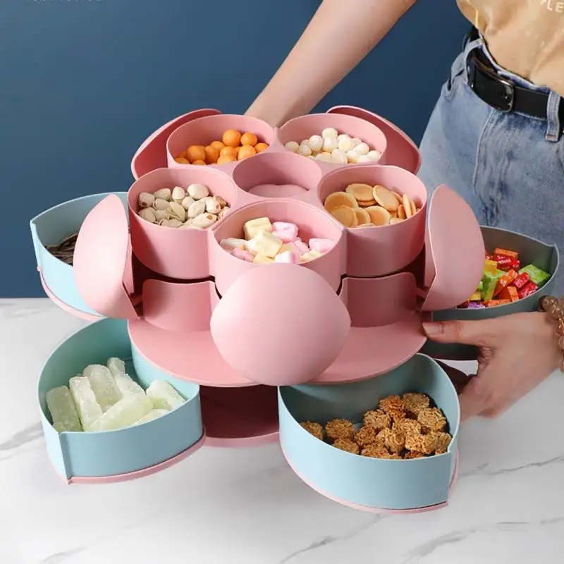 

2-layer Rotating Petal Candy Box Plastic Snack Tray Case Nut Storage Box Rotation Dried Fruit Plate Wedding Gift Home Organizer