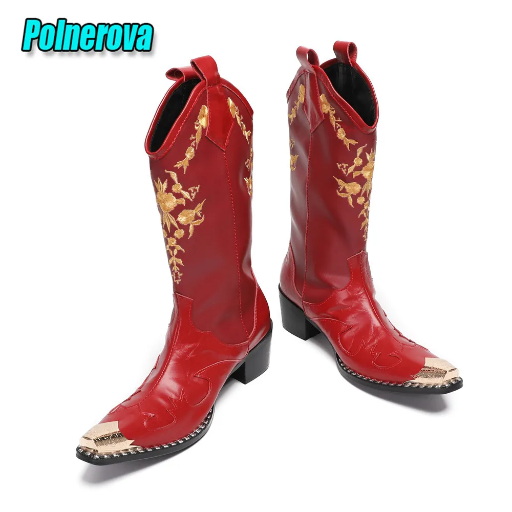 Red Black Men's Chelsea Boots British Style Metal Pointed Toe Med Heel Long Booties Trendy Male Golden Embroidery Dress Shoes