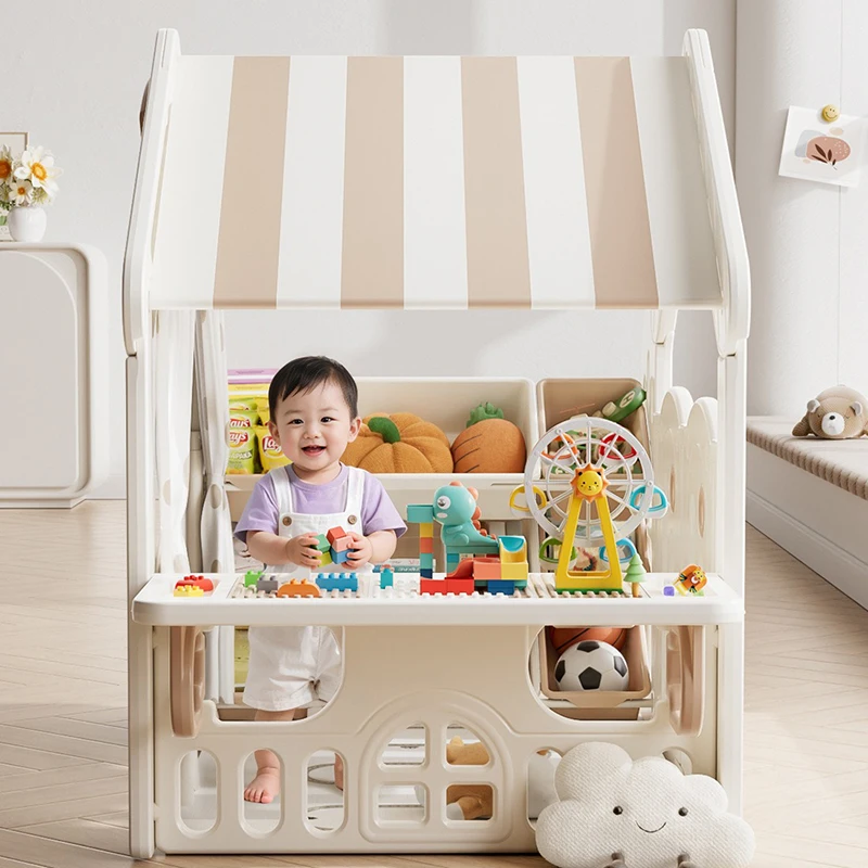 Tente multifonctionnelle pour enfants, avec support de rangement, bloc de construction, Table d'intérieur pour petites maisons pour filles, maison de jeu, cabine en plastique