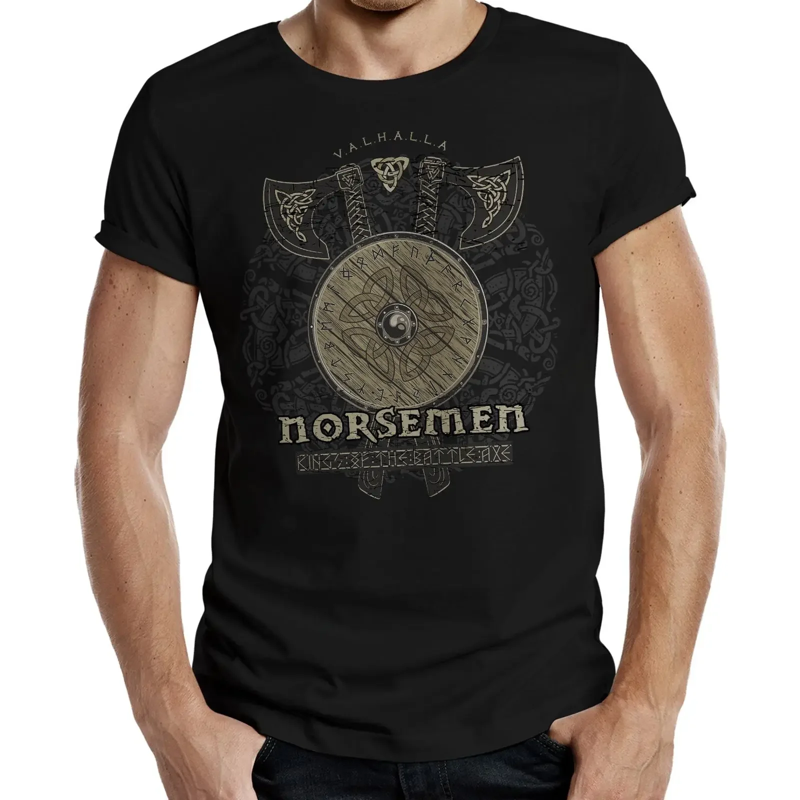 LOBO NEGRO T Shirt Wikinger Valhalla Norsemen Axt und Schild S XXXXL vintage Washed homme Stretched fashion Versatile Stylish