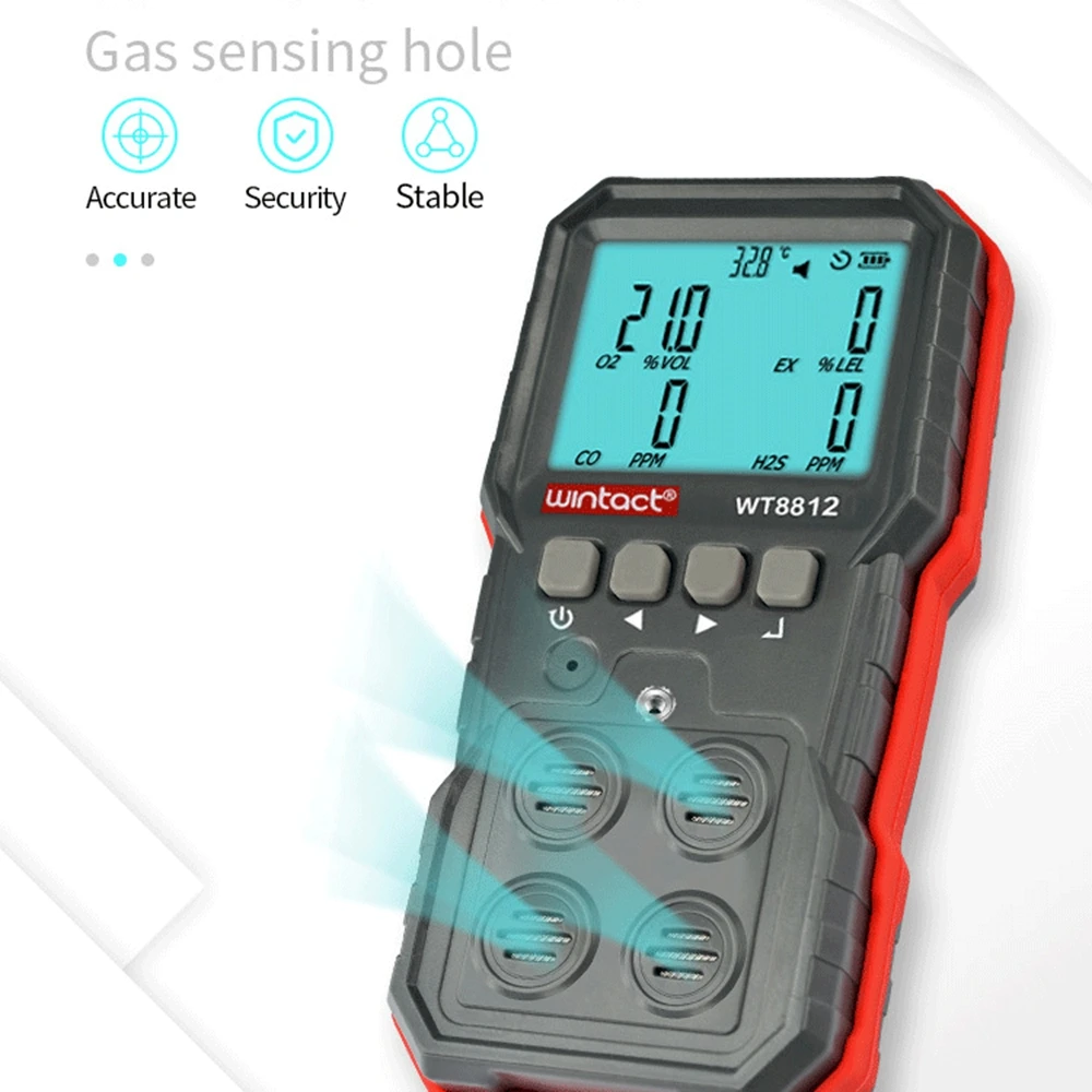 

WT8812 Compoud Gas Monitor LCD Digital Recharge Combustible O2 H2S CO EX Gas Leak Monitor Sensor Sound-light Vibration Alarm