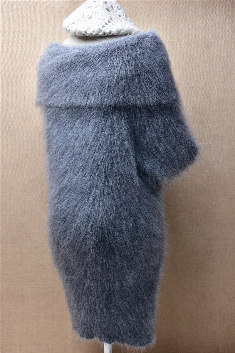 Female Women Fall Winter Clothing Grey Hairy Mink Cashmere Knitted Big Turn-Down Neck Long Sweater Dress Angora Fur Jumper Pull