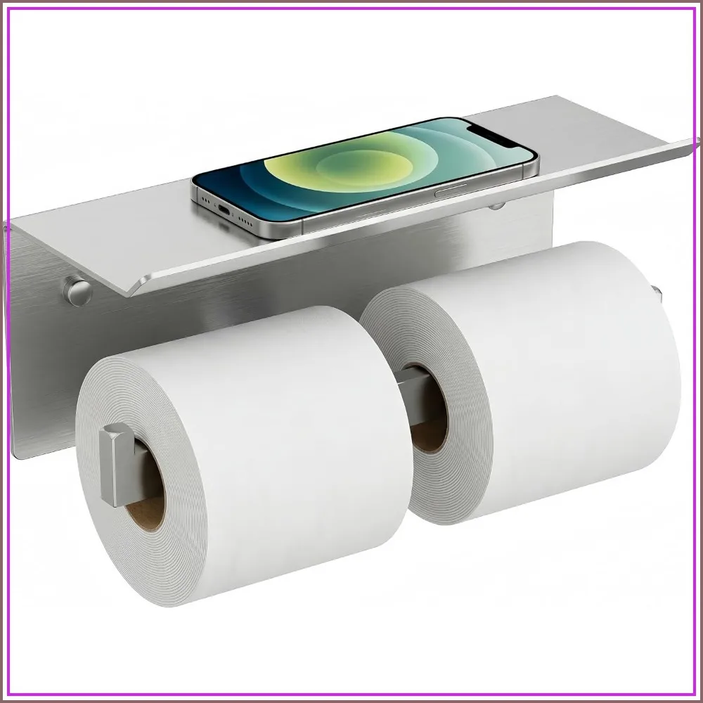 Double Toilet Paper Holder with Shelf, 304 Stainless Steel Wall Mount, Brushed Nickel, for Home & Commercial Use