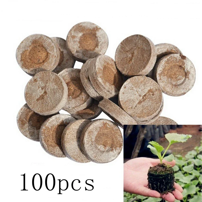 

100pcs Compressed Peat Pellet Fiber Plant Seed Starter, Nursery Plug Tray, Seedling Planting, Herbs, Flowers, Vegetables