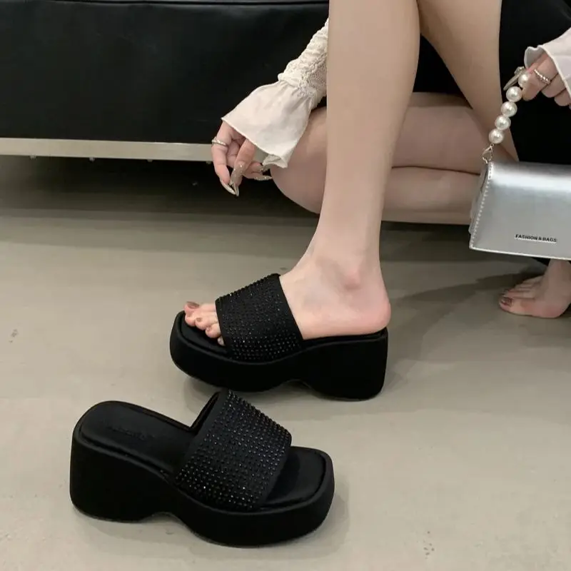 

Черные туфли-лодочки на массивном каблуке 8 см, летние сандалии на платформе со стразами, женские сандалии на танкетке, Sandalias De Mujer