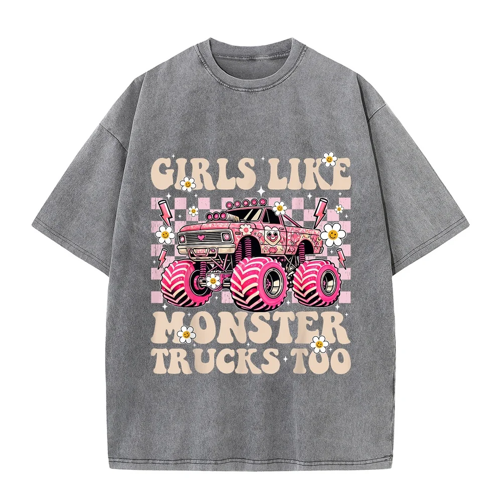 Funny Girls Like Monster Trucks Too Pink Truck T-Shirt Men Anime T Shirts Black Short Sleeve Tee Shirt Humor Casual Quote