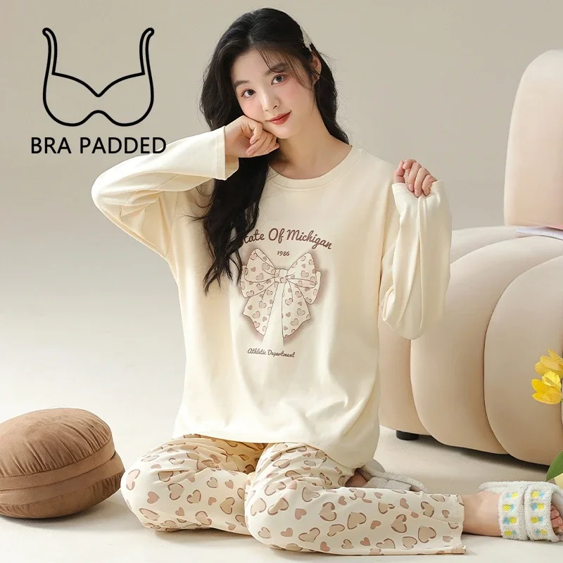 New Autumn Sweet Woman Pajamas with Bra Pads Long Sleeves Pants Pijamas Fashion Soft Homewear Woman Fox Print Sleepwear