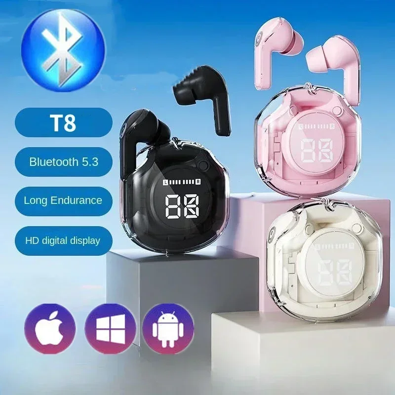 NEW T8 Wireless Bluetooth Headset Transparent ENC Headphones LED Power Digital Display Stereo Sound Earphones for Sports Working