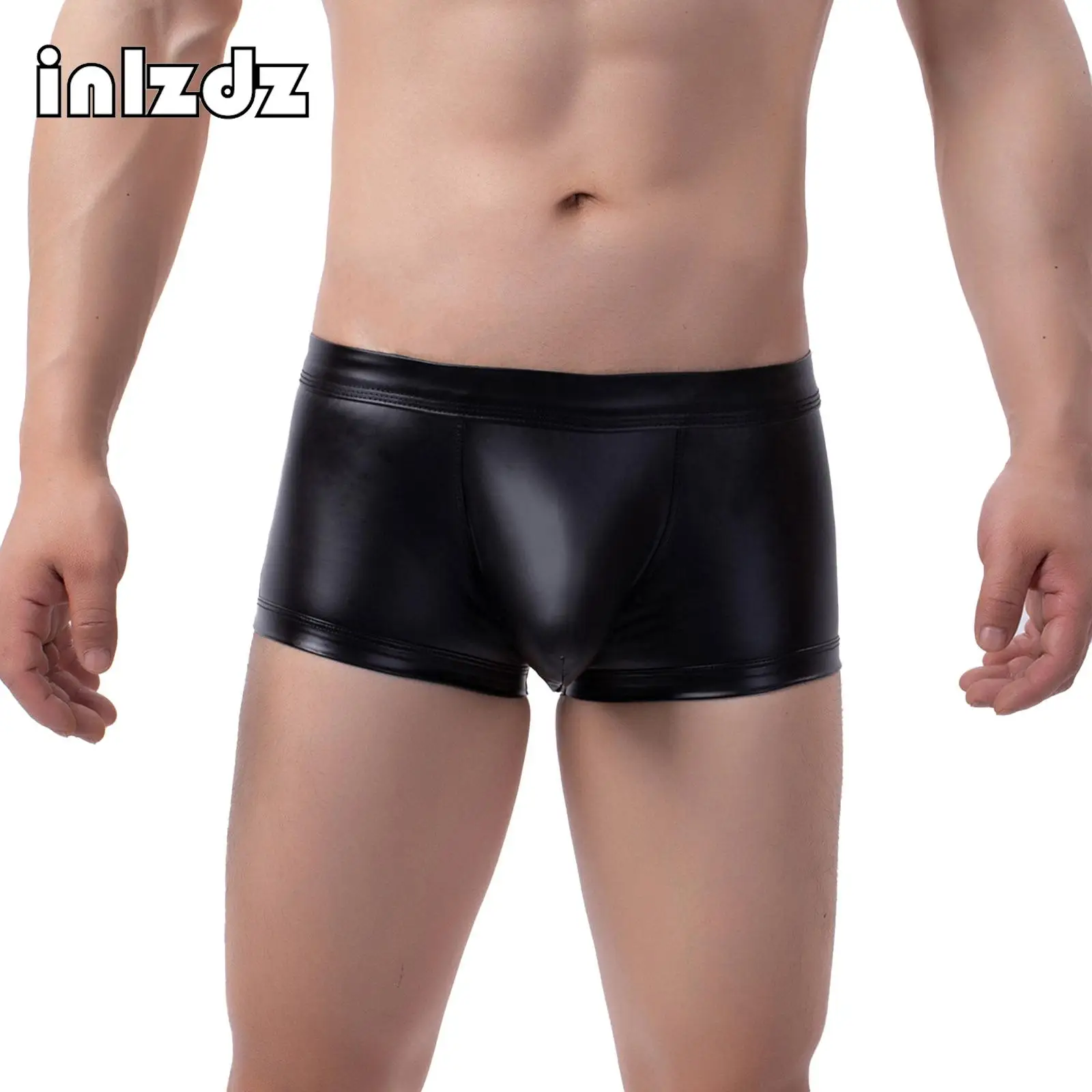 

Mens Cutout Back Faux Leather Boxers Briefs Bulge Pouch Underpants Open Butt Underwear Nightclub Stage Performance Costume