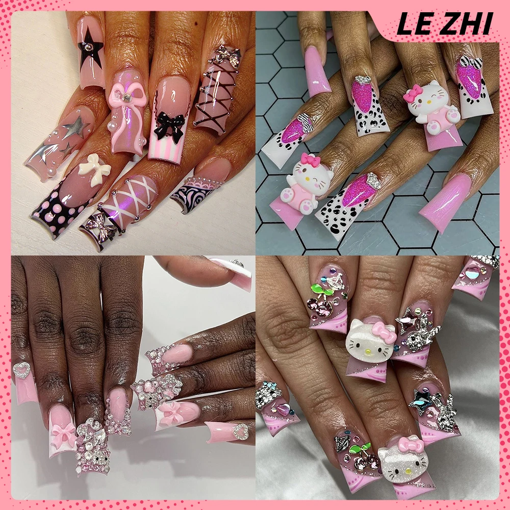 

Handmade French Style Duckbill Full Cover False Nails Y2K Hello Kitty 3D Glitter Diamond Bow Leopard Print False Nails Tips