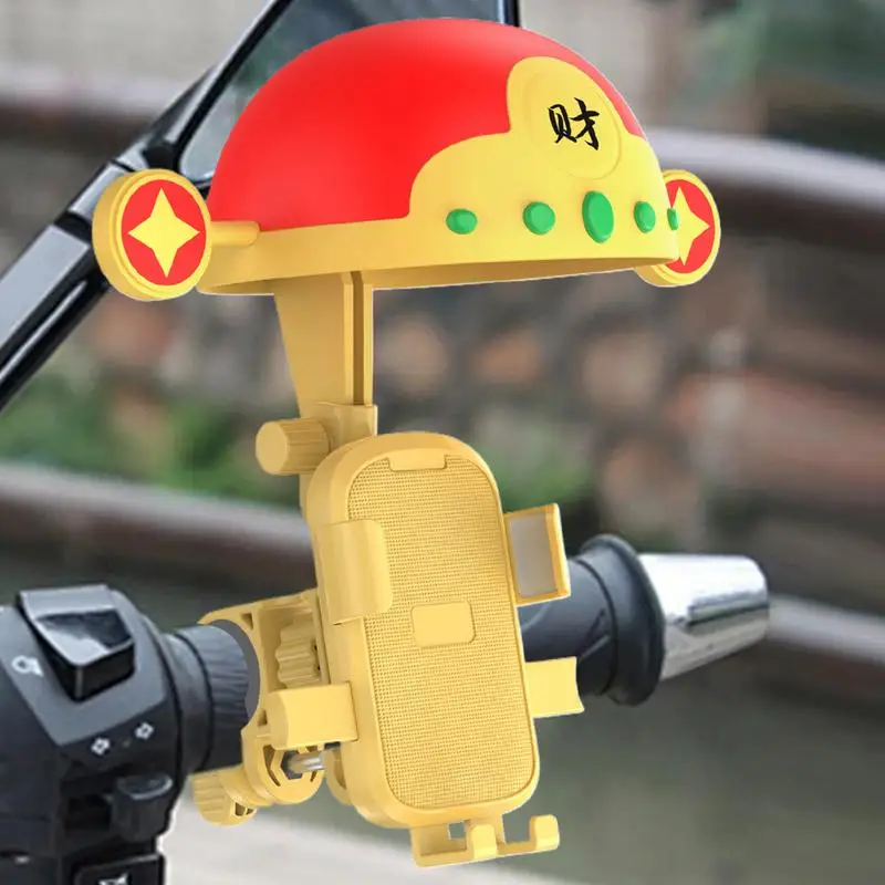 Universal God Of Wealth Motorcycle Phone Holder Cute Cartoon Helmet Scooter Phone Stand With Hat Sun Shade Rain Cover