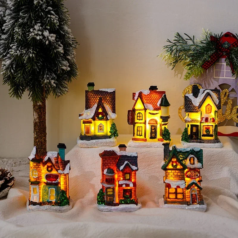 1pc Christmas Led Village Houses Building Xmas Winter Village Town Buildings Collection Home Indoor Room Decoration Xmas Gifts