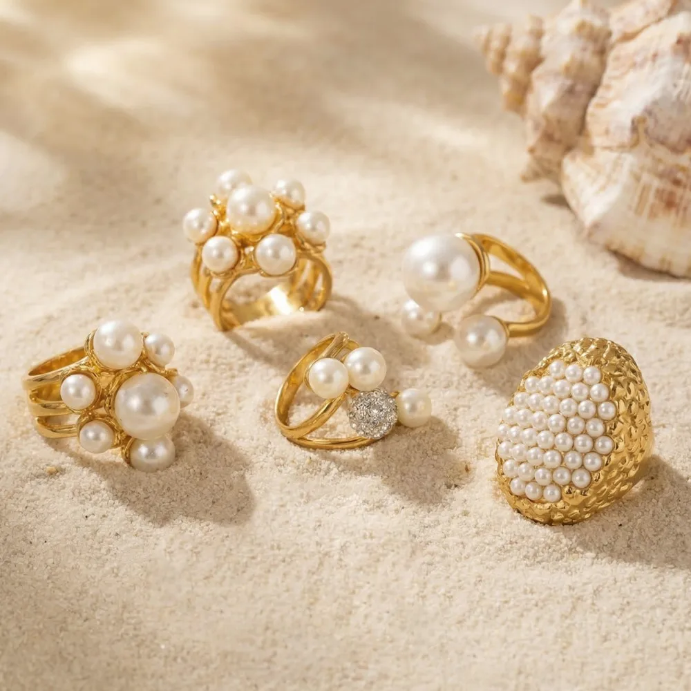 Vintage Handmade Pearl Ring for Women 18k Gold Plated With Shell Beads Stainless Steel Ring Statement Cocktail Rings