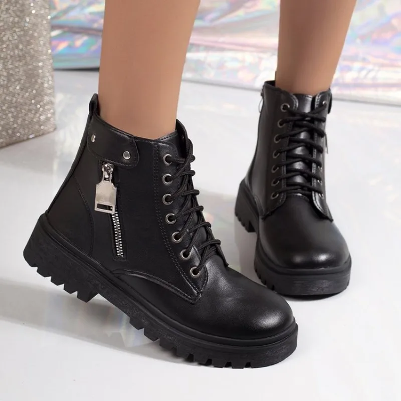 Women's Ankle Boots Combat Style Round Toe Chunky Lug Sole Leather-Look Lace-Up Side Zipper Hardware Detail Streetwear Shoes