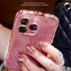 Metal Snake Head Drill Frame Glitter Powder Acrylic Back Plate Phone Case For iPhone 12 13 14 15Pro ProMax Luxury Diamond Cover