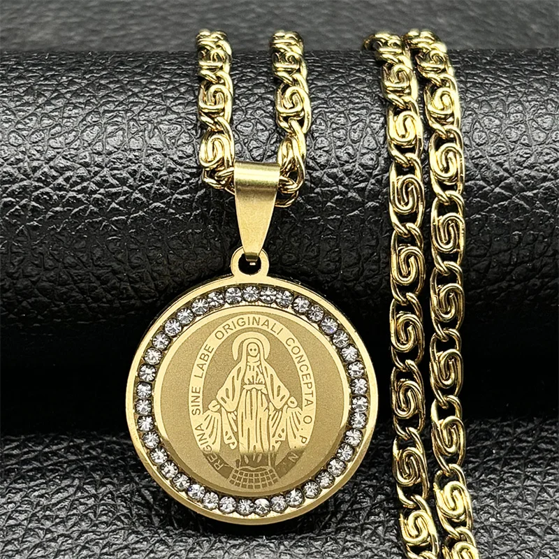 Hip Hop Virgin Mary Medal Wisiorek Naszyjnik dla kobiet Mężczyźni Stal nierdzewna Złoty / srebrny kolor Rhinestone Chrześcijańska biżuteria łańcuszkowa — zdjęcie 6